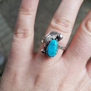 Signed Native American Designer Strlng Zuni Sleeping Beauty Turquoise Stone Ring